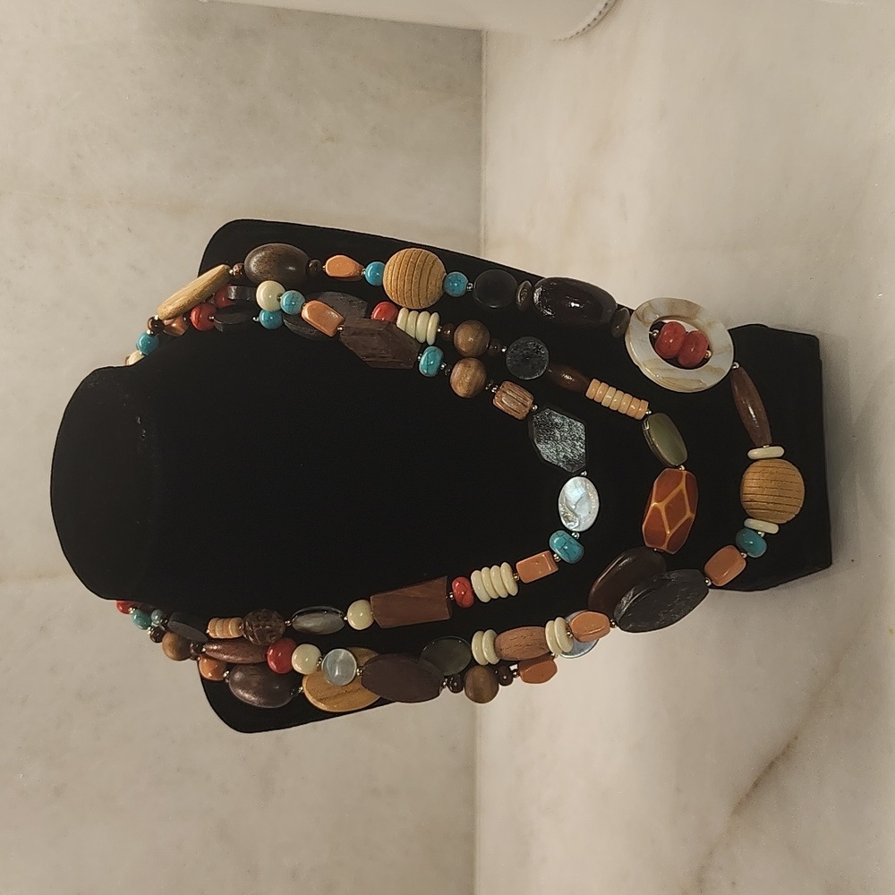Wood beaded layered necklace